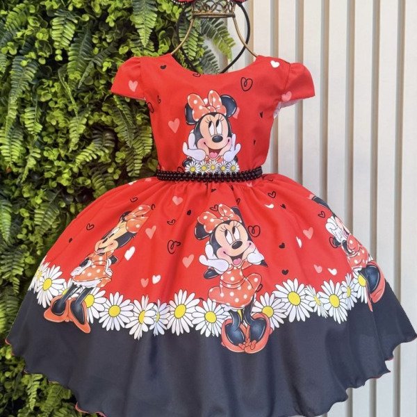 Vestido Infantil Vermelho de Festa para Menina com Corações e Margaridas