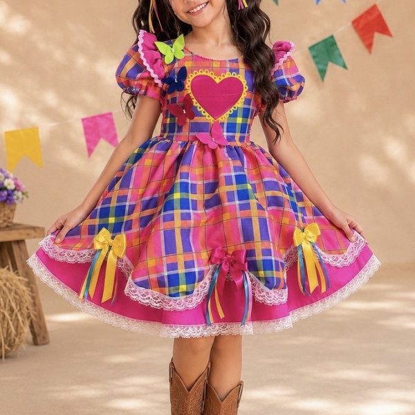 Vestido Infantil Xadrez Pink Laranja Junino Laço