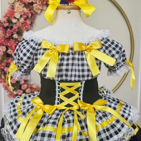 Vestido Infantill Junino Preto Xadrez Arraiá Laço Amarelo