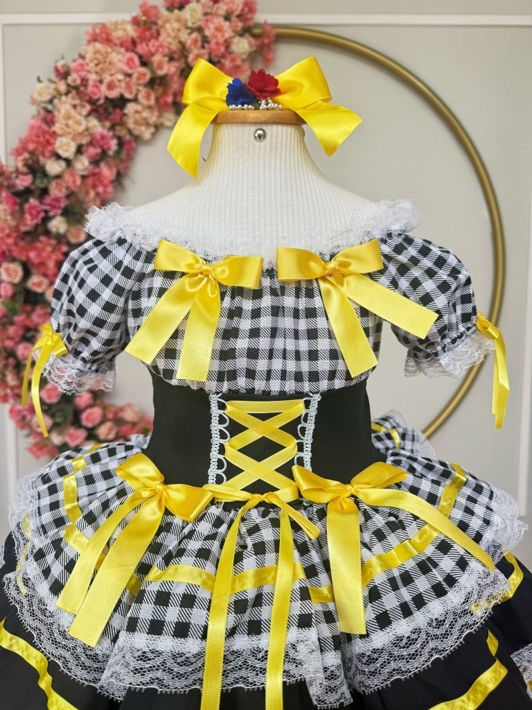 Vestido Infantill Junino Preto Xadrez Arraiá Laço Amarelo
