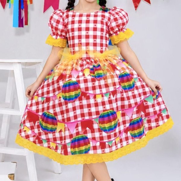 Vestido Junino Infantil Xadrez Vermelho com Balões Coloridos