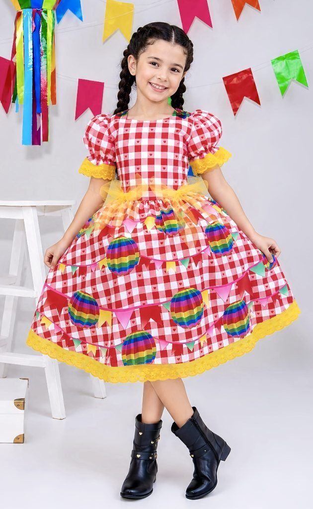 Vestido Junino Infantil Xadrez Vermelho com Balões Coloridos